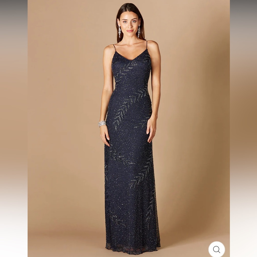 NWT Beaded Spaghetti Strap Navy Floor Length Formal Gown
